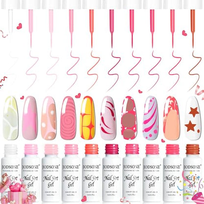 JODSONE Nail Art Gel Liner Set 10 Colors Pink Collection Gel Nail polish Need U V Lamp Cured at Home Salon Design Gifts for Women & Girls - color: LFH01-LFH10