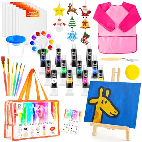 POPYOLA Acrylic Paint Set for Kids, Non Toxic Kids Painting Set with Tabletop Easel, Acrylic Paints, Smock, Canvases, Wooden Stencils, Brushes, Painting Kit Gift for Beginner Student Toddlers - color: Pink