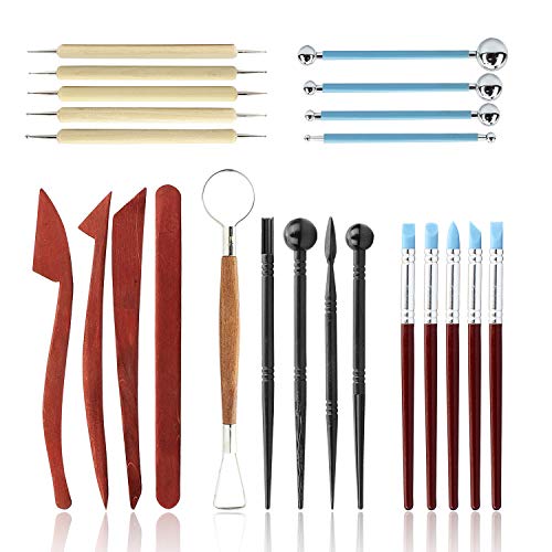 Polymer Clay Tools: 23pc Modeling Clay Sculpting Set - Wooden Dotting Tools, Rubber Tip Pens, Ball Stylus & More for Pottery Sculpture