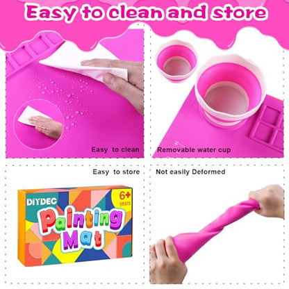 DIYDEC Silicone Painting Mat for Kids 20X16 Inch Large Art Mat with Detachable Cup &10 Painting Brushes Craft Sheets for Boy Girl Birthday Gift DIY Accessories (Rose Red) - color: Rose Red