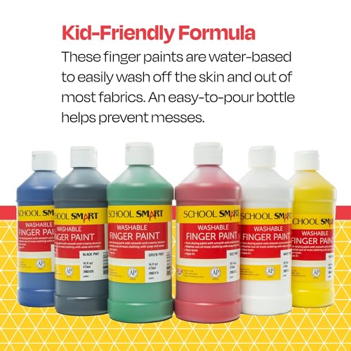 School Smart Washable Finger Paints, 16 Ounces Each, Assorted Primary Colors, Set of 6
