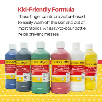 School Smart Washable Finger Paints, 16 Ounces Each, Assorted Primary Colors, Set of 6