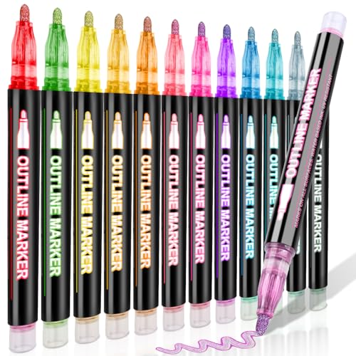 12 Colors Outline Shimmer Markers, Double Line Glitter Markers Pens for Christmas Greeting Cards, Outline Glitter Pens Art Supplies for Coloring, Metallic Marker Pen for Scrapbook Art Crafts - color: 12 Colors