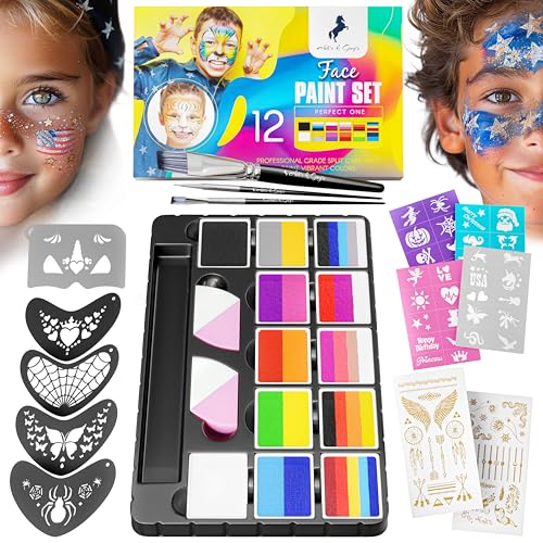 Face Paint Kit for Kids – 12 Vibrant Split Cake Colors, 40 Reusable Stencils, Brushes, Sponges & Tattoo Sheets – Non-Toxic, Paraben-Free, Easy to Apply & Wash Off – Perfect for Parties & Halloween. - size: 97 Pieces