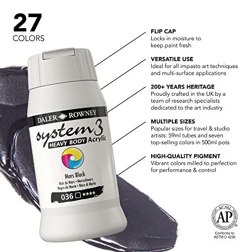 Daler Rowney System3 Mars Black Heavy Body Acrylic Paint 500ml - Art Paint for Artists and Students - Artist Paint for Canvas Murals and More - Thick Acrylic Paint for All Skill Sets
