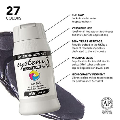Daler Rowney System3 Mars Black Heavy Body Acrylic Paint 500ml - Art Paint for Artists and Students - Artist Paint for Canvas Murals and More - Thick Acrylic Paint for All Skill Sets
