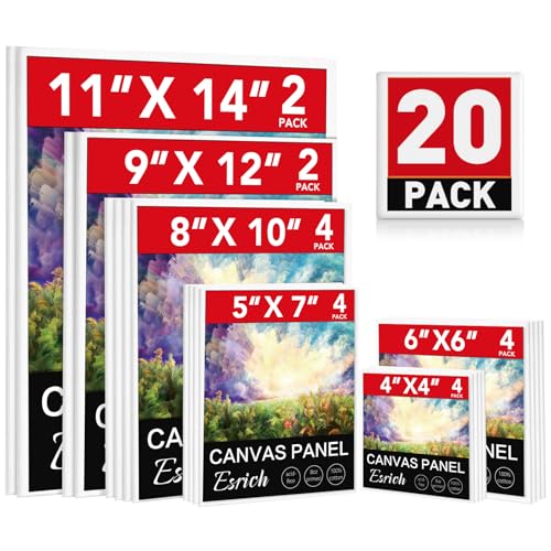 ESRICH Canvas Boards for Painting 20 Multi Pack Paint Canvas Panels 11x14, 9x12, 8x10, 6x6, 5x7, 4x4 Blank Canvases for Painting-Cotton Primed Painting Canvas for Acrylic, Oil, Gouache & Tempera - style: 20 Packs Canvas Panel - 6 Sizes