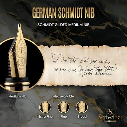 Scriveiner Luxury Fountain Pen - Stunning Black Lacquer Pen, Real Gold Finish, Schmidt Gilded Nib (Medium), Converter, Best Pen Gift Set for Men & Women, Professional, Executive, Office, Nice Pens - color: 1. Black with Gold, style: Medium Nib