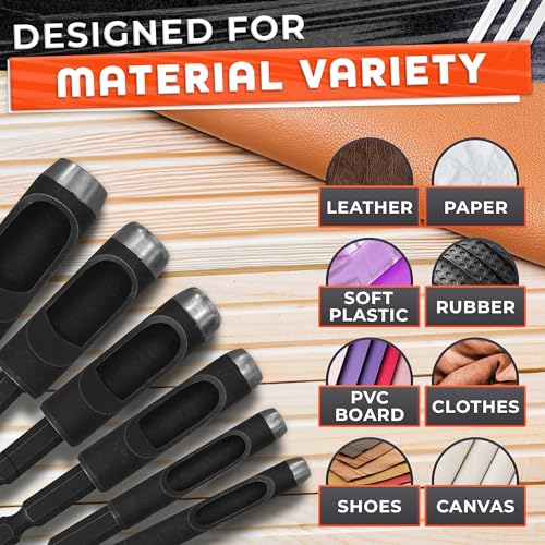 6 Pcs Leather Hole Punch Set — Belt Hole Puncher for Leather Belts, Watch Bands, Soft Plastic, DIY Crafts — Carbon Steel Hollow Punches for Drill 3/16" 1/4" 5/16" 3/8" 7/16" 1/2", Case Not Included