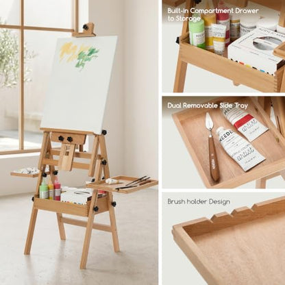 MEEDEN Painting Easel with Storage: H-Frame Beech Wood Art Easel for Adults, Artists, Students, Beginners - Adjustable 50"-80" H, Holds Canvas Up to 47 Inches - color: Natural