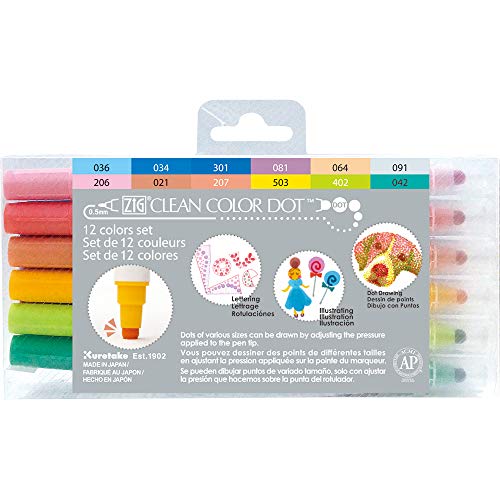 Kuretake CLEAN COLOR DOT Dual tip markers 12 colors set, 0.5mm fine tip and a flexible dot tip, for Journals, Crafts, Illustration, Lettering, Planners, for Adult, Kids, Made in Japan - style: 12 colors set(Dual tip)