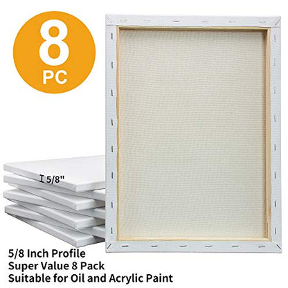 FIXSMITH Stretched White Blank Canvas - 12 x 16 Inch, Bulk Pack of 8, Primed, 100% Cotton, 5/8 Inch Profile of Super Value Pack for Acrylics,Oils & Other Painting Media. - size: 12"x16"