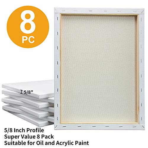 FIXSMITH Stretched White Blank Canvas - 12 x 16 Inch, Bulk Pack of 8, Primed, 100% Cotton, 5/8 Inch Profile of Super Value Pack for Acrylics,Oils & Other Painting Media. - size: 12"x16"