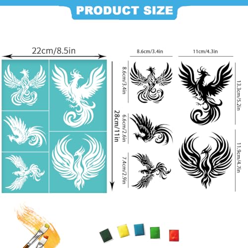 2 Sheets Phoenix Silk Screen Stencils, 8.7 x 11 Inch Self-Adhesive Silk Screen Printing Stencils Reusable Mesh Stencil for Painting on Wall, Wood, T-Shirt, Fabric, Home Craft Decor - style: Phoenix