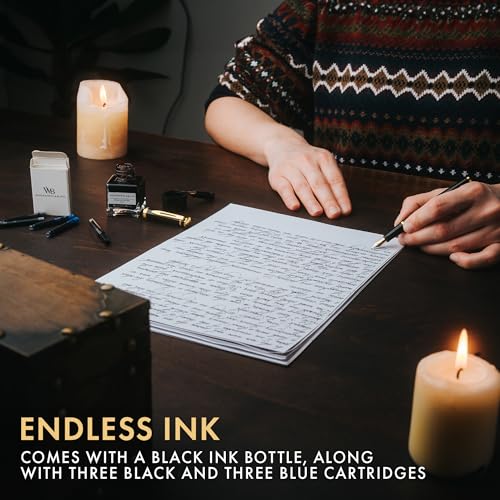 Wordsworth & Black Fountain Pen Set,18K Gilded Medium and Extra Fine Nib,25MLBlack Ink Bottle,6 Ink Cartridges,Refill Converter,Gift Box,Smooth Writing Pens [Black Gold],Gift Set for Men and Women - color: Black Gold