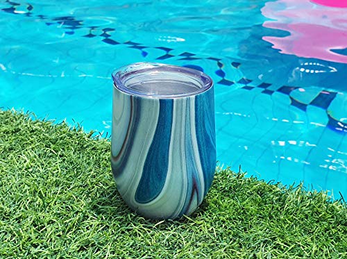 CHILLOUT LIFE 12 oz Stainless Steel Wine Tumbler with Lid - Double Wall Vacuum Insulated Wine Cup Glass Keeping Cold & Hot for Coffee, Champagne, Cocktails, Ice Cream - color: Ocean Marble, style: 1 Pack