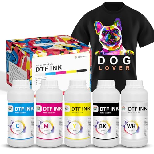 Polytech DTF Ink 6x500ML, Heat Transfer Printing Direct to Film, DTF Transfer Ink for PET Film, High Coverage Refillable DTF Ink for All DTF Printers High Accuracy, Good Printability - size: CMYKW 6x500ML