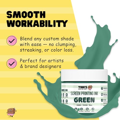 Tinks Screen Printing Ink - Green - 4oz Water-Based Fabric Ink - Screen Printing, Stenciling, Tote Bags & Fabric Stamping - Non-Toxic, No Harsh Fumes, Soap & Water Cleanup - Made in California - color: Green