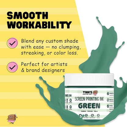 Tinks Screen Printing Ink - Green - 4oz Water-Based Fabric Ink - Screen Printing, Stenciling, Tote Bags & Fabric Stamping - Non-Toxic, No Harsh Fumes, Soap & Water Cleanup - Made in California - color: Green