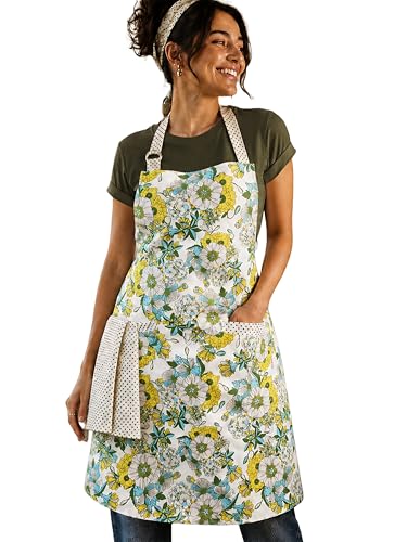 100% Cotton Printed Kitchen Apron with 2 Pockets for Men and Women – Adjustable Chef Apron - Machine Washable - color: Floral Yellow
