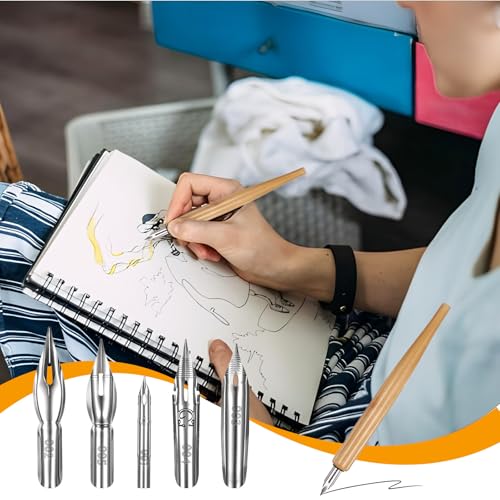 Piriuuo 11 Pcs Dip Pen Set - Comic Pen Nib Set - Oblique Calligraphy - Stainless Steel Nibs with Wooden Holder - Replacement Nibs for Writing Painting Signing