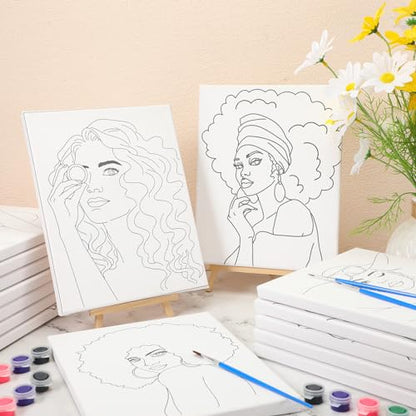 Sherr 75 Pcs 15 Set Pre Drawn Canvas Kit for Painting Craft Sip and Paint Kit for Adults Elegant Black Women Pre Printed Canvas Painting Favor for DIY Black History Month Gifts Adult's Date Party - style: Elegant Lady