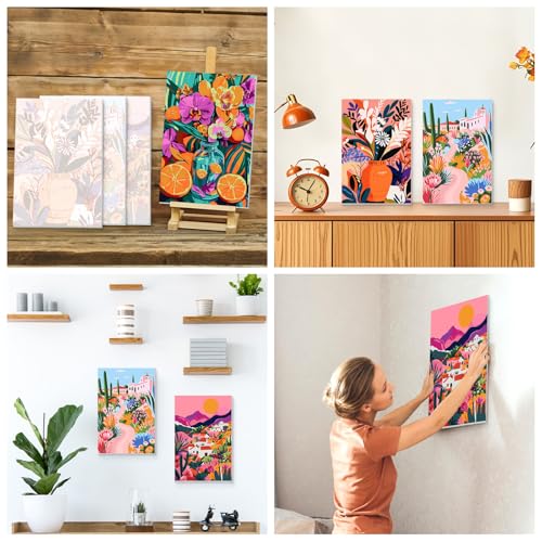 KEYIFA 4 Pack Paint by Numbers Kit, Stretched Canvas Boards for Painting for Adults, Crease-Free Acrylic Oil Painting for Students Favor Sip & Paint Party Supplies, Floral Art Landscape (8x12in)