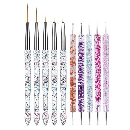 10Pcs Nail Art Brush Set, 5Pcs Double-Ended Dotting Tools & 5Pcs Fine Liner Brushes, Nail Design Brushes Kit for Detailing, Dotting & Striping Designs - color: 10Pcs Art Brushes