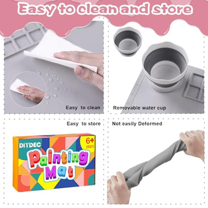 DIYDEC Silicone Craft Mat for Kids 20X16 Inch Large Silicone Art mat with Detachable Cup Painting Mat with 10 Painting Brushes Silicone Mat for Boy Girl DIY Gift Accessories (Grey) - color: Grey