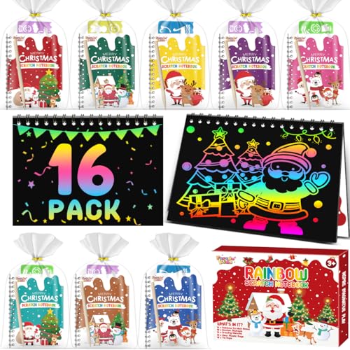 Scratch Art Party Favors for Kids 8-12: 16 Pack Christmas Rainbow Scratch Art Notebook, Christmas Coloring Books Goodie Bags Stuffers for Kids, Bulk Classroom Birthday Gifts for Student - style: 16 Pack Christmas