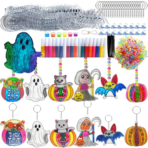 Ayhuhra 30 Sets Halloween Suncatcher Keychains Craft DIY Window Paint Art Suncatchers Witch Pumpkin Bat Cat Ghost Trick or Treat Sun Catchers for Halloween Activities Art Project - style: Halloween