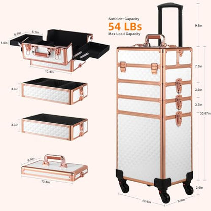 Somduy Rolling Makeup Case, Makeup Train Case with Lid, 5 in 1 Cosmetology Case on Wheels, Christmas Gift, Large Makeup Organizers, Profesional Cosmetic Case for Salon Barber, White Gold - color: White Gold