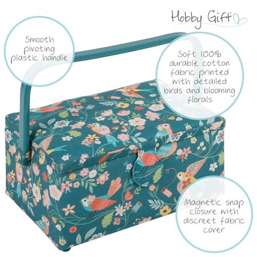 Hobby Gift Medium Sewing Box Organiser, Fabric Covered Storage Box with Handle, Internal Tray, Pin Cushion and Pocket for Sewing, Quilting and Knitting Supplies - color: Birds