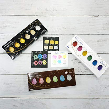 Kuretake GANSAI TAMBI 6 colors, 3 pack set, STARRY, PEARL, GEM, Watercolor Paint Set, Gold, Silver, Glitter, for Professional, Artist, Made in Japan - style: 3 pack set