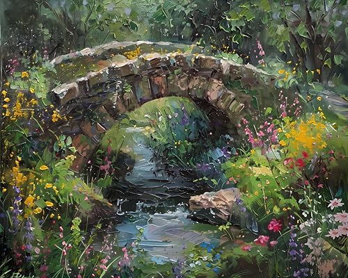 AuraDraw Stone Bridge Paint by Numbers Kit for Adults - DIY Stone Bridge Over River Painting on Canvas, Acrylic Paint Set or Home Decoration 16x20 Inch - color: TG006