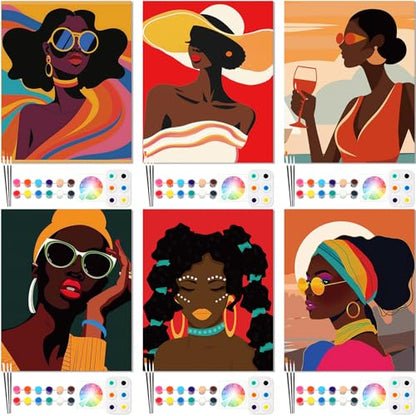 Dinifee 6 Pack Pre Drawn Canvas for Painting Pre Printed Canvas Kit 8 x 10 Inch Stretched Cotton Paint and Sip Set for Adults Couple Party Graduation Summer Date Night(Artistic Women) - style: Artistic Women
