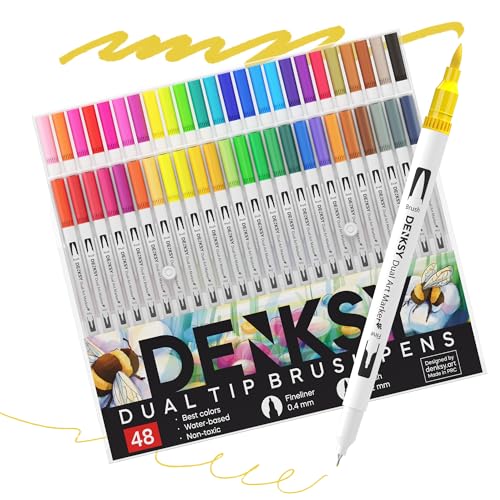 48 Watercolor Markers Set | Water Color Pens with Brush & Fineliner, Water-Based Art Markers | Dual Tip Markers for Adult Coloring, Lettering, Calligraphy, Sketching, Journaling & Illustration - color: White