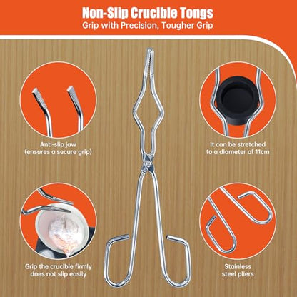 9 Pieces Graphite Torch Melting Casting Kit, Includ 2 Crucible Stir Stick|Casting Mould|11 in 1 Ingot Mould|Quartz Plate|Crucible|Cylindrical Graphite|Quartz Crucible|Whip Tongs,Gold Metal Melting Kit