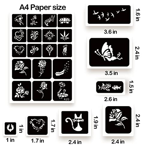 ChurlChurl 20 Sheets Temporary Tattoo Stencils, 622+pcs Henna Tattoo Stencil Kit for Face Body Paint DIY Art Reusable Glitter Tattoo Stencils Pack