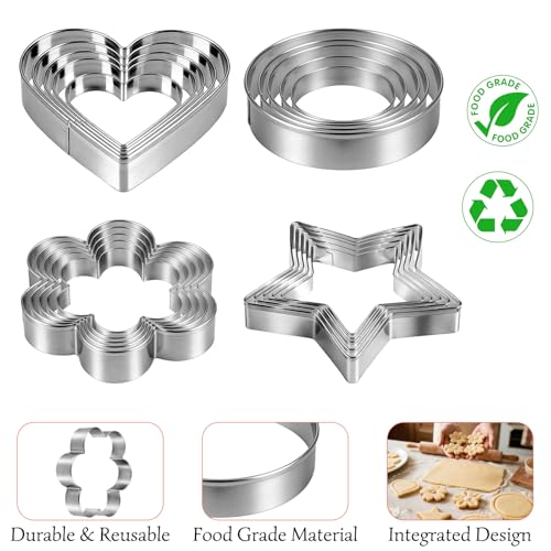 Ninsula Cookie Cutters 20P, Stainless Steel Cookie Cutters Variety Pack, Heart, Flower, Round, Star Shapes Clay Molds for Baking, Art Crafting or Party Decorations