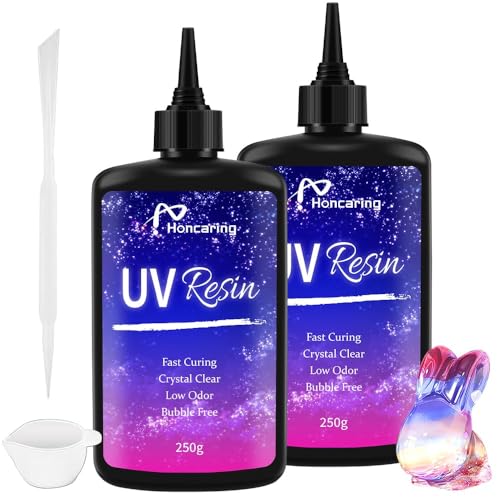 Honcaring UV Resin 500g, Clear Beginner-Friendly Kit with Silicone Tools, Upgraded Formula & Crystal Clear for Jewlery Making, Craft, 250g*2 Resin UV Kit for Earring, Pendant, DIY - size: 500g without uv light