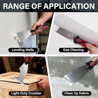 HAUTMEC Putty Knife 4 PC Set, 1.25",2",3" Paint Scraper & 3" 8-in-1 Paint Stripper, Heavy Duty Stainless Steel Blade and Hammer End for Removing Wallpaper, Plaster, Cement 25060