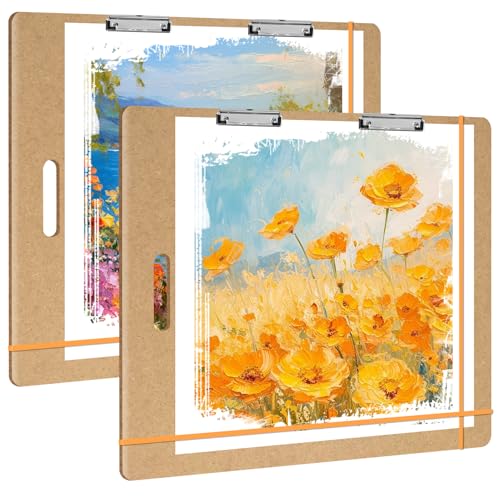2 Pack 23" x 26" Drawing Board Large Sketch Board with Handle, Portable Art Clipboard for Drafting with Sturdy Clips & Elastic Bands, Artist Tote Board for Sketching, Drafting, Drawing & Painting