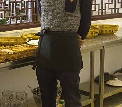 Resist water 3 big Pockets Waist Server Apron Kitchen Restaurant Unisex Half Aprons - color: Black