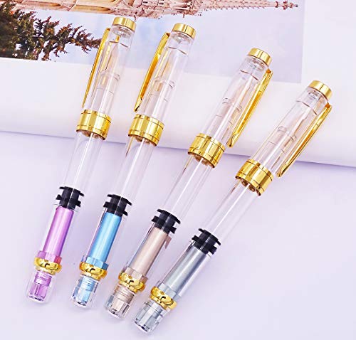 Lanxivi 4 Colors Yongsheng 3008A Fountain Pen Piston Filling Upgraded Fine Nib,Transparent Gold Trim - color: 3008A Gold Trim F
