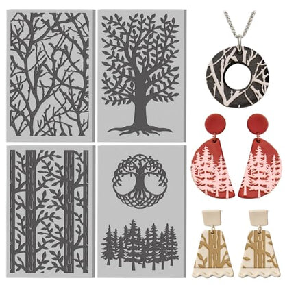 4 Pcs Tree Texture Pattern Polymer Clay Texture Sheet Rubber Clay Texture Mat for Polymer Clays Making Earrings Jewelry DIY Crafts, 4 × 2.5 Inch - style: Tree