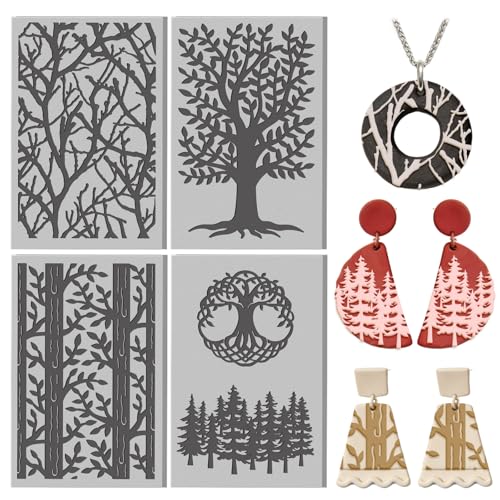 4 Pcs Tree Texture Pattern Polymer Clay Texture Sheet Rubber Clay Texture Mat for Polymer Clays Making Earrings Jewelry DIY Crafts, 4 × 2.5 Inch - style: Tree