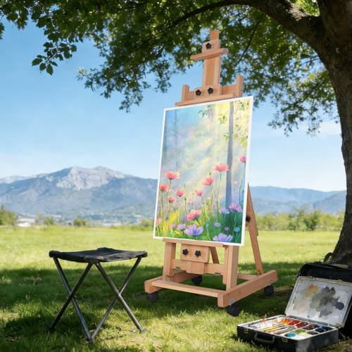 H-Frame Beech Wood Easel, 56-91 Inch Adjustable Height Painting Easel Tilting Flat Floor Art Stand with Lockable Wheels for Sketch Oil Drawing Home Studio Display