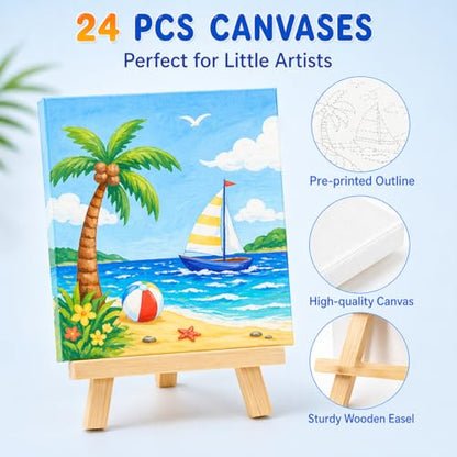 FLUXOJOY 24 Pack Kids Painting Kit, DIY Canvas Painting Set with Easels, Acrylic Paints, Brushes & Palettes, Summer Art Craft Kit for Kids Ages 4-8, Party Favors Classroom Activities Gift