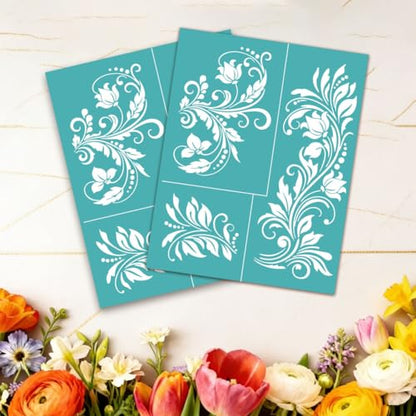 2 Sheets European Scrollwork Silk Screen Stencil, Natural Florals Self-Adhesive Silk Screen Printing Stencils Reusable Mesh Stencil for Painting on Wall, Wood, T-Shirt, Home Craft Decor - style: Twisting Vines